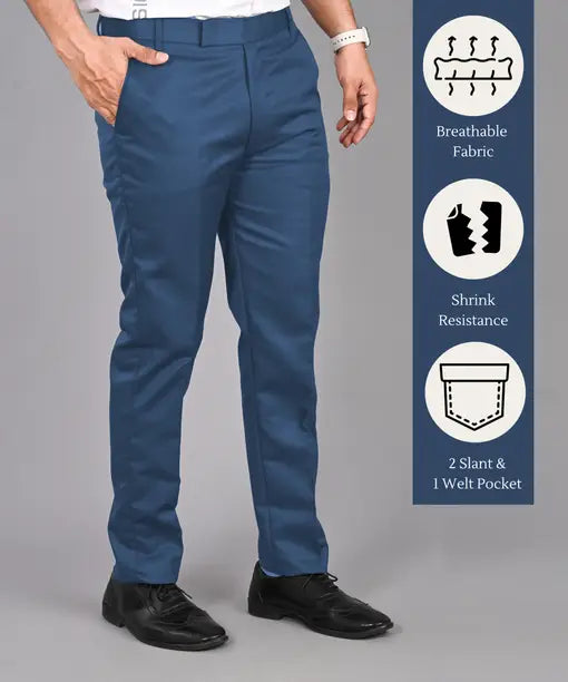 Men Slim Fit Blue Cotton Blend Trousers