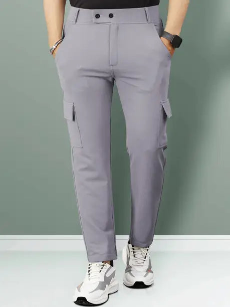 Men Regular Fit Grey Lycra Blend Trousers