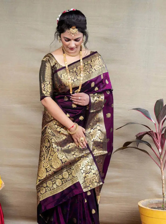 Woven, Self Design Banarasi Silk Blend, Pure Silk Saree  (Magenta, Brown)