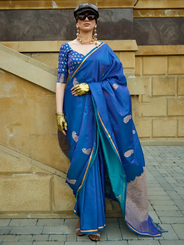 Woven Banarasi Satin Saree  (Blue)