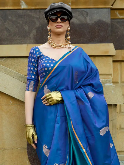 Woven Banarasi Satin Saree  (Blue)