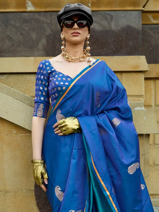 Woven Banarasi Satin Saree  (Blue)
