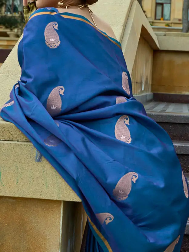 Woven Banarasi Satin Saree  (Blue)