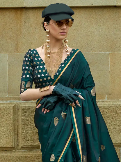 Woven Banarasi Satin Saree  (Green)