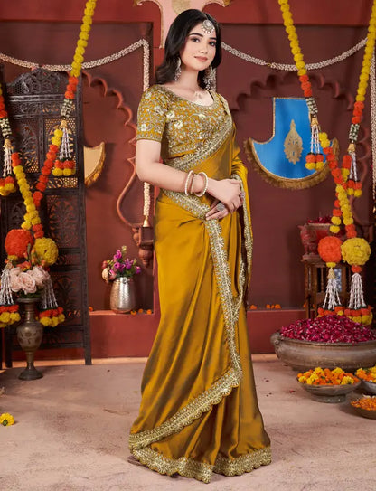 Embroidered Banarasi Pure Silk, Art Silk Saree  (Mustard)