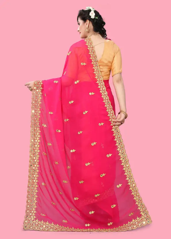 Embroidered Bollywood Georgette Saree  (Pink)
