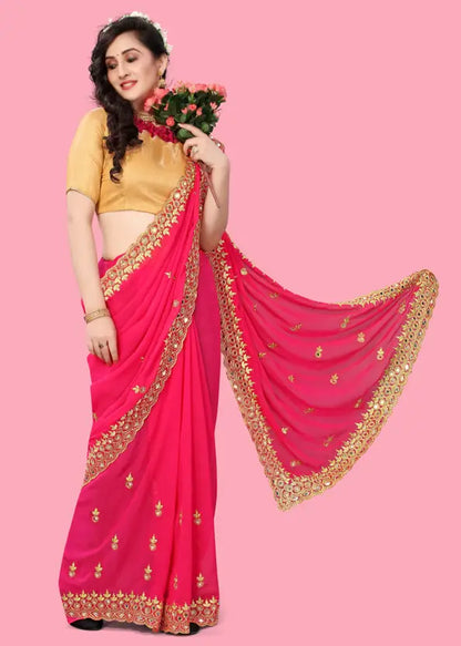 Embroidered Bollywood Georgette Saree  (Pink)
