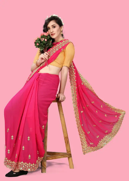 Embroidered Bollywood Georgette Saree  (Pink)