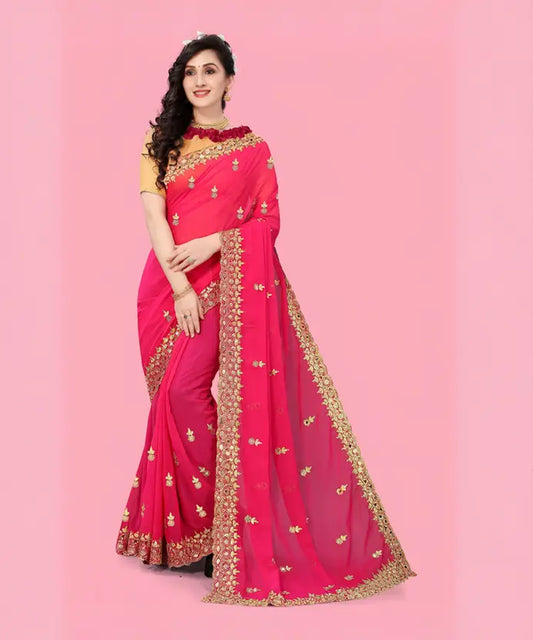 Embroidered Bollywood Georgette Saree  (Pink)